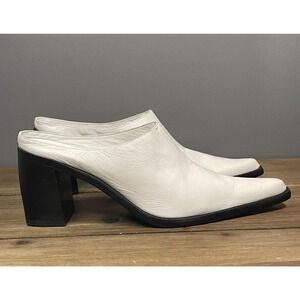 BY FAR Women's Block Heel Mule Clog Size 39 White Nappa Leather Pointed Toe